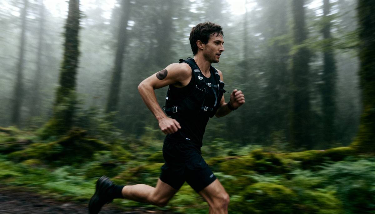 Man running through a forest on a foggy day